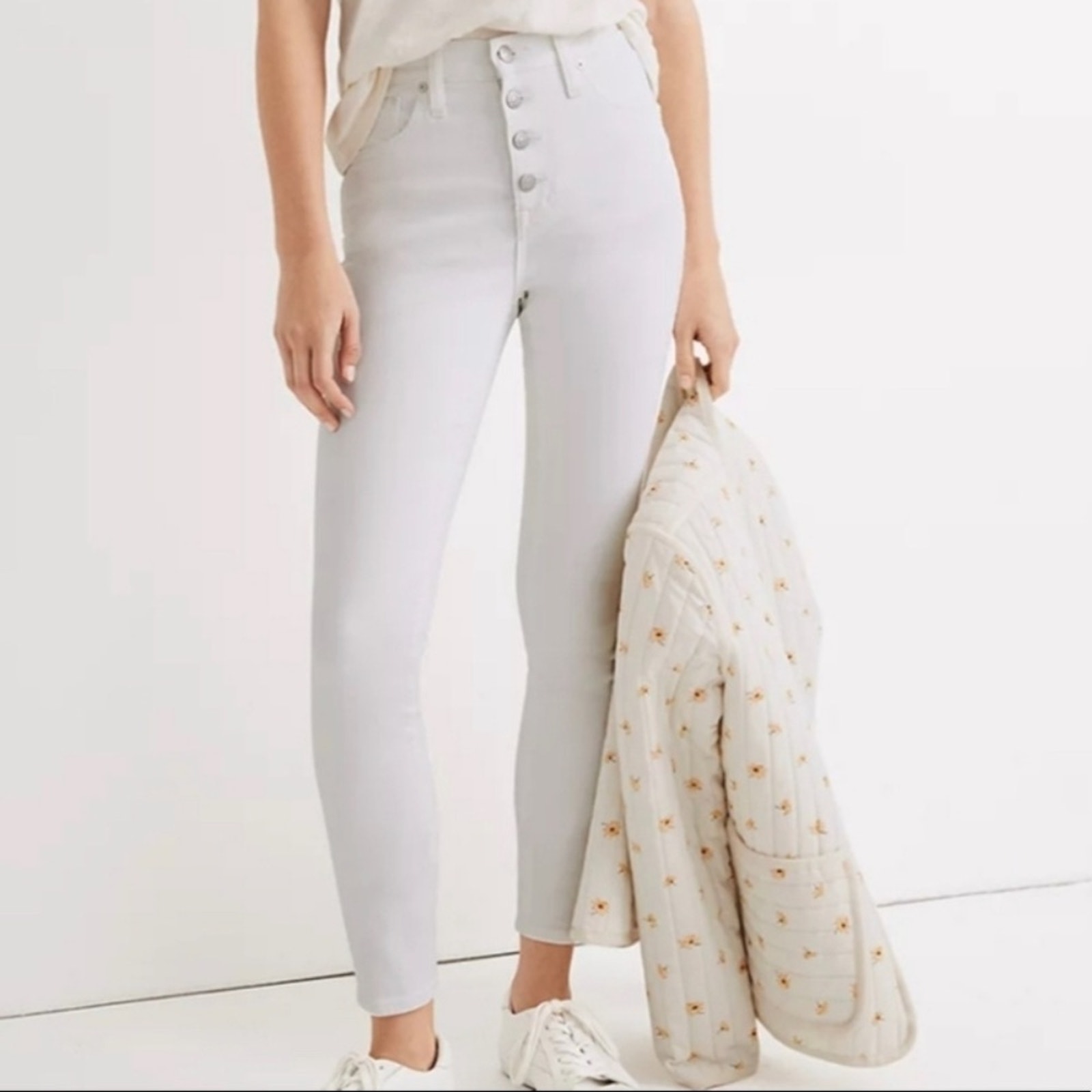 Madewell High Rise Jeans Denim 10” Skinny Crop 4-Button White Pockets Sz 28 Nwt